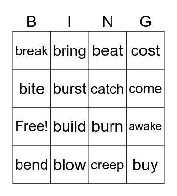 Irregular Verb Table Bingo Card