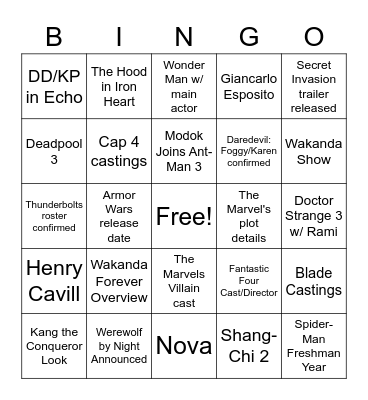 Marvel D23 Predictions Bingo Card