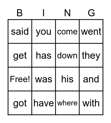 Sight words Bingo Card