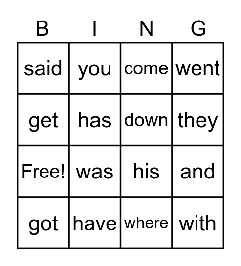 Sight words Bingo Card