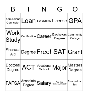Kids2College Bingo Card