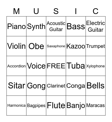 Musical Instrument Bingo Card