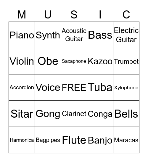 Musical Instrument Bingo Card