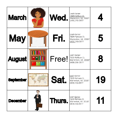 English - Level 1 Bingo Card