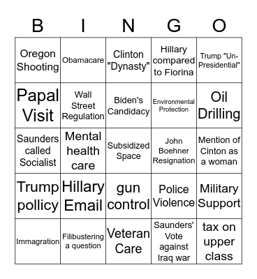 Democratic Debate Bingo Card