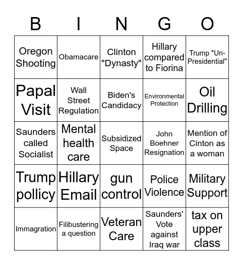 Democratic Debate Bingo Card