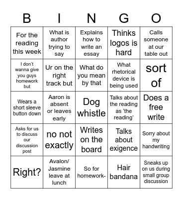 English teacher shenanigans Bingo Card