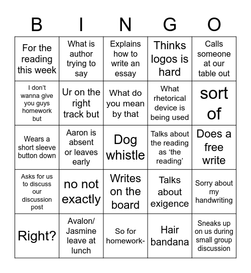 English teacher shenanigans Bingo Card