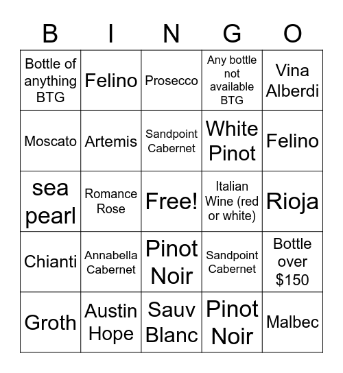 Vino Bingo Card