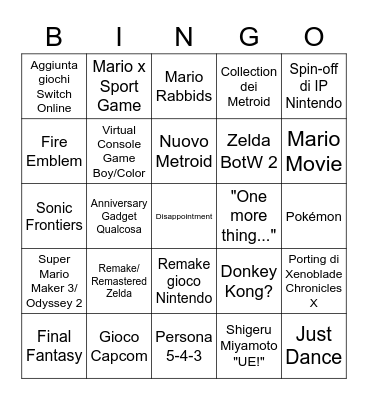 Nintendo Direct Settembre 2022 Bingo Card