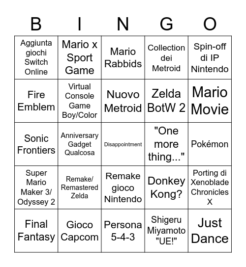 Nintendo Direct Settembre 2022 Bingo Card