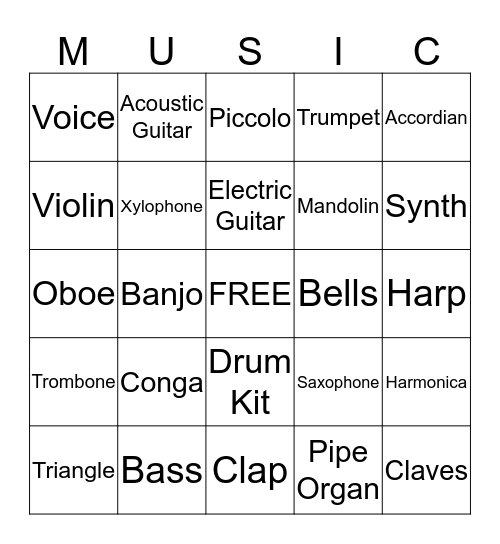 Musical Instrument Bingo Card