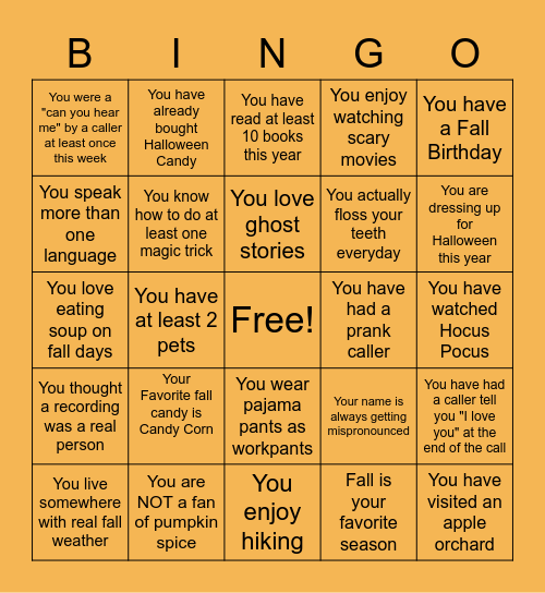 "Dial it up"  Fall Bingo Card