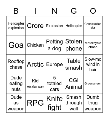 Bollywood Bingo Card