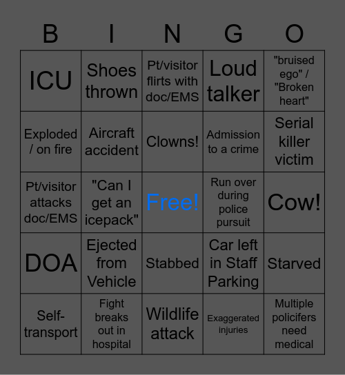 NoPixel Medical/EMS Bingo Card