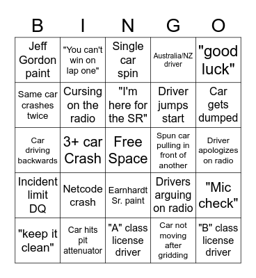 iRacing Bottom Split Street Stock Bingo Card