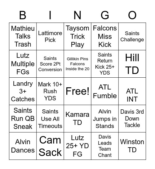 Saints v Falcons 22 Bingo Card