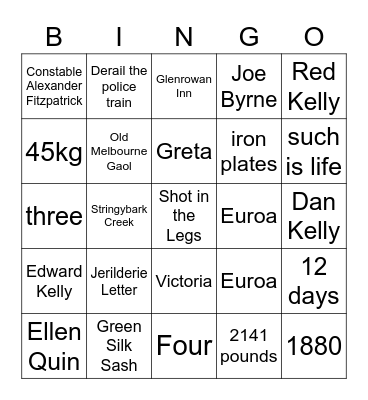 Ned Kelly Bingo Card