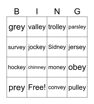 'ey' words Bingo Card