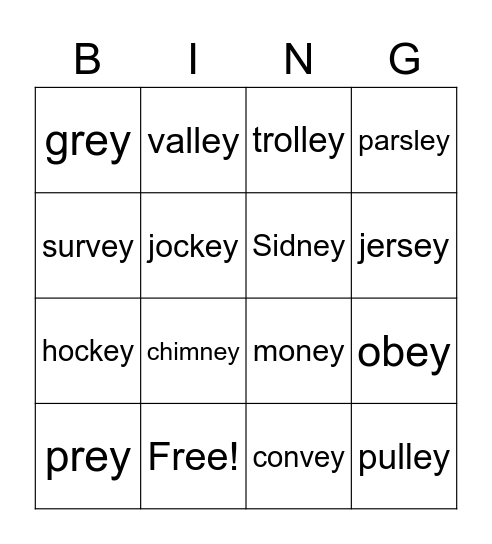 'ey' words Bingo Card