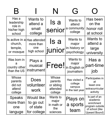 College Bound Bingo Card