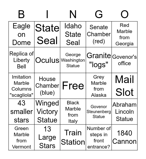 Idaho State Capitol Bingo Card
