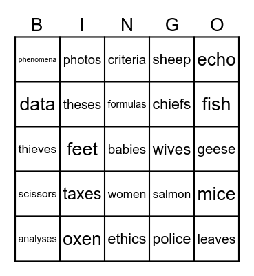 Plural Nouns Bingo Card