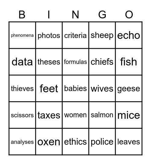 Plural Nouns Bingo Card