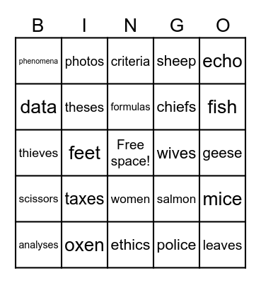 Plural Nouns (Advanced) Bingo Card