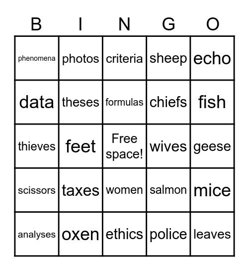 Plural Nouns (Advanced) Bingo Card