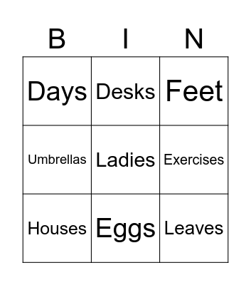 Plural Nouns (Elementary) Bingo Card