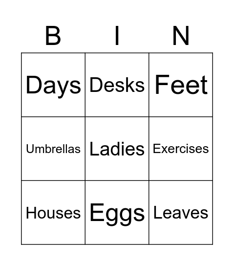 Plural Nouns (Elementary) Bingo Card