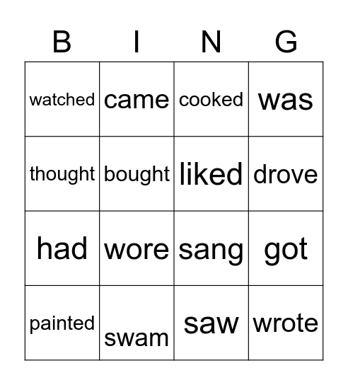 Past Tense Bingo Card