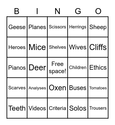 Plural Nouns Bingo Card