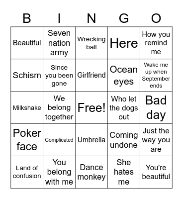 2000s Music Bingo Card