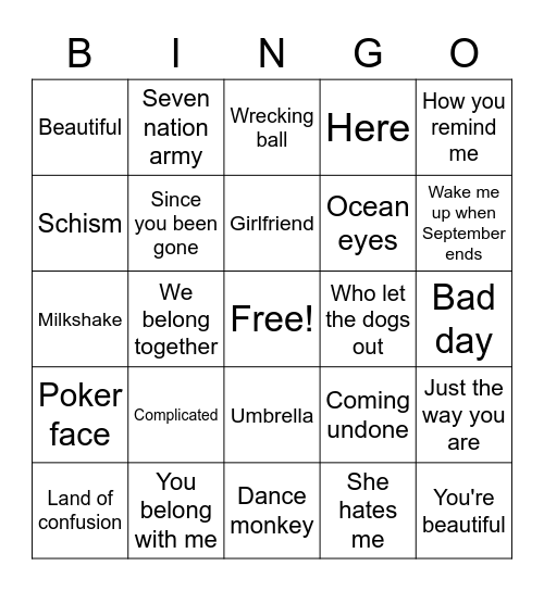 2000s Music Bingo Card