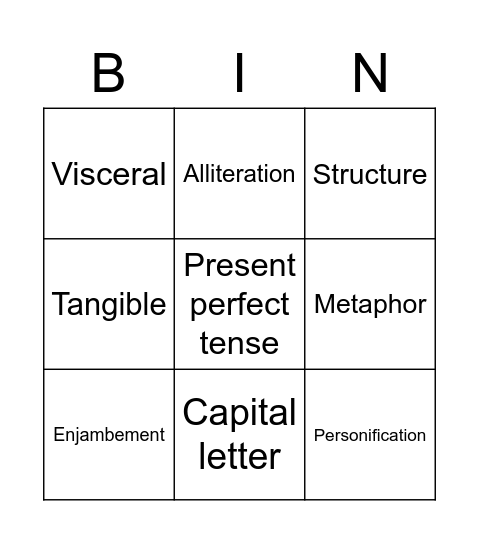 Poetry workshop 1 Bingo Card