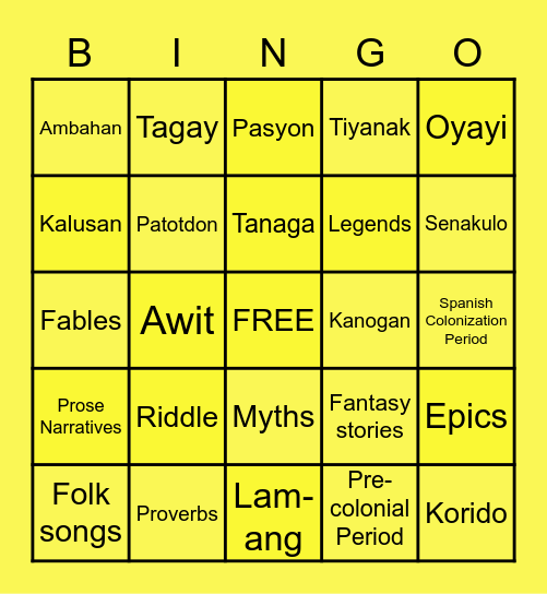 Periods of Philippine Literature Bingo Card