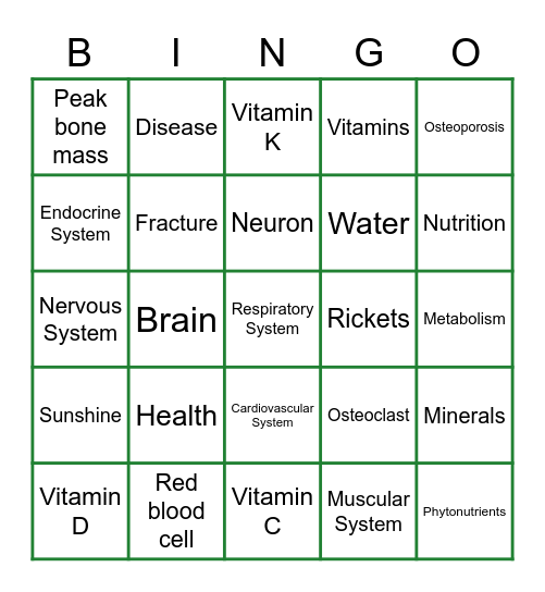 Nutrition Lingo Bingo Card