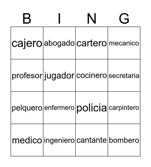 Las Profesiones Bingo Card