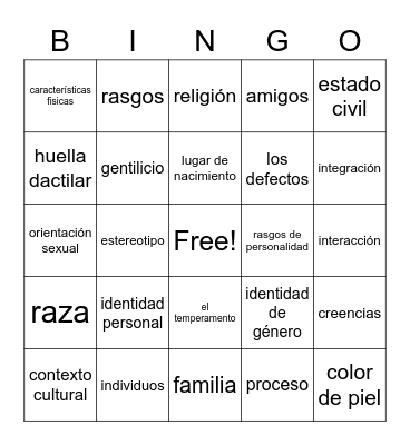 Identidad Personal Bingo Card