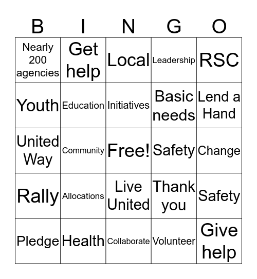 United Way 2016 Campaign Bingo Card