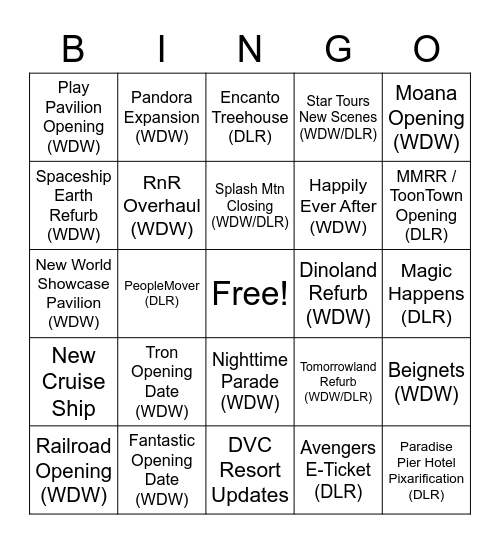 D23 Predictions Bingo Card