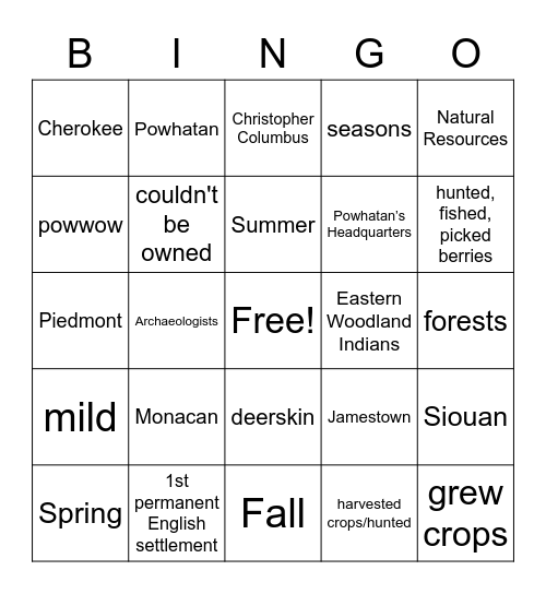 Native American Bingo Card