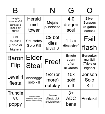 2022 Summer LCS FINALS Bingo Card