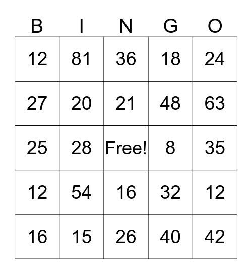 Multiplication Bingo Card