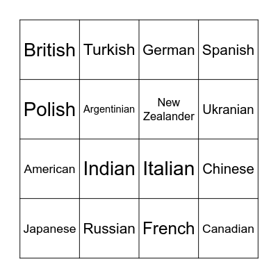 Nationalities Bingo Card