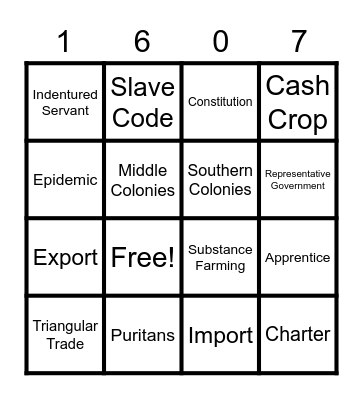 13 Colonies Vocabulary Bingo Card