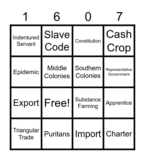 13 Colonies Vocabulary Bingo Card