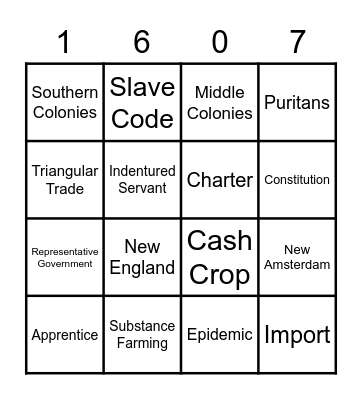 13 Colonies Vocabulary Bingo Card